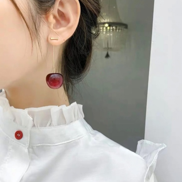 Cherry Earrings Dangle Drop Flower Resin Fruit Aesthetic Minimal Ear Bar Stud - Picture 3 of 6